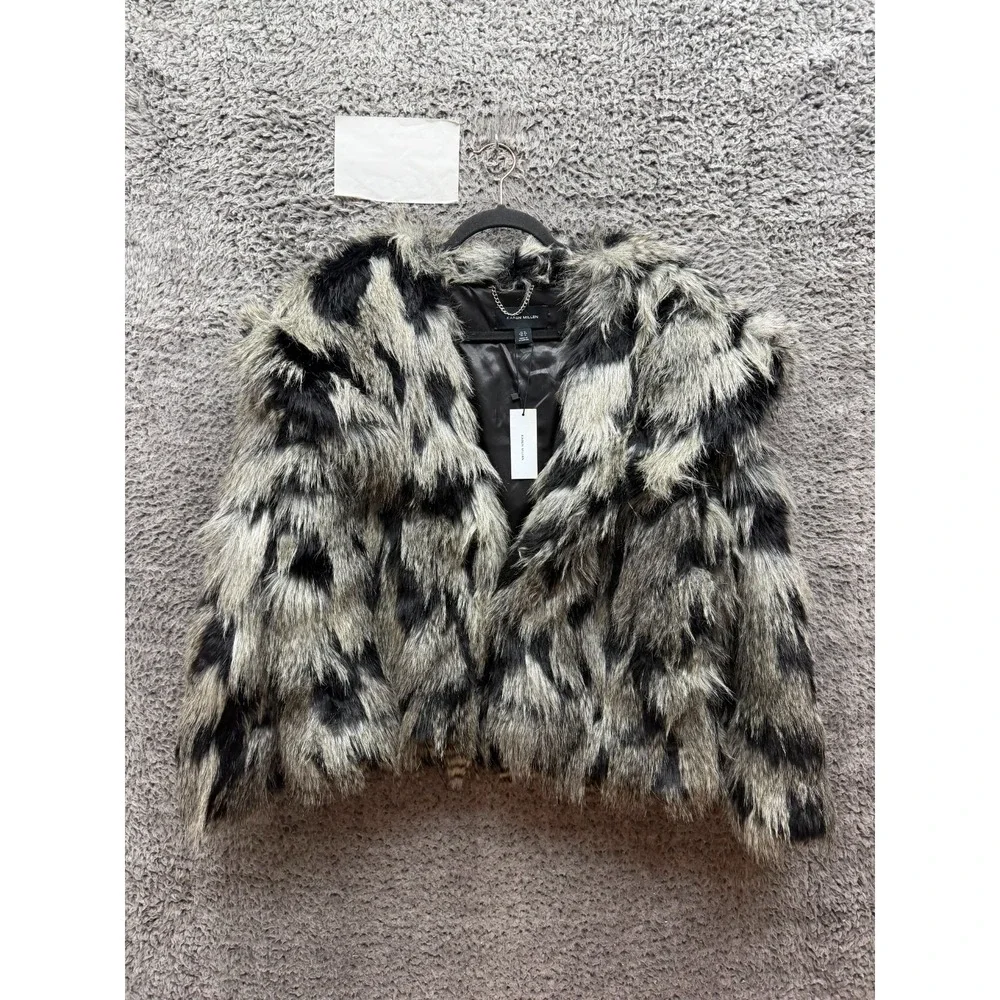 NWT Karen Millen Shawl Collar Patched Pile Faux Fur Short Coat Womens Size 12